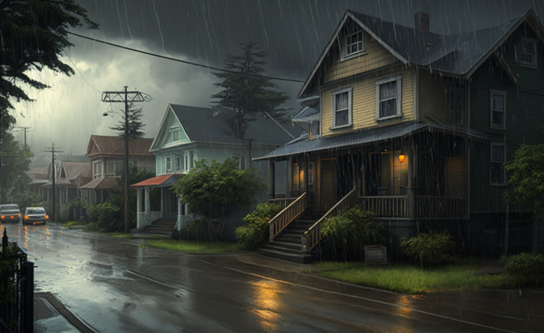 terrible storm, lightning, heavy rain, massive flooding, Seattle residential street