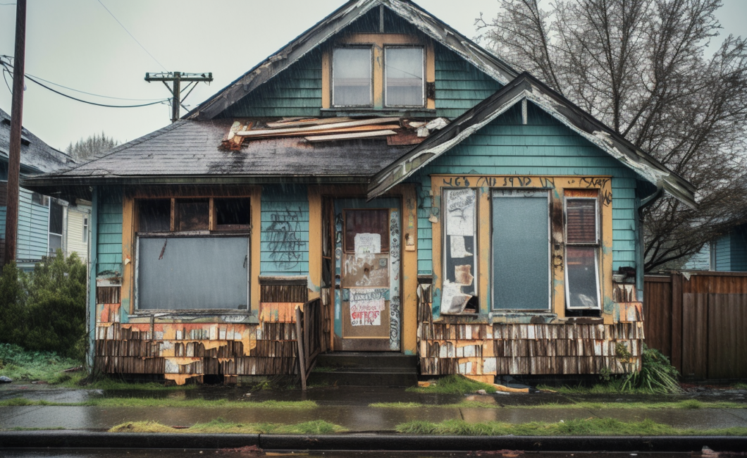 wide view of a dilapidated craftsman home, peeling paint, broken windows, holes in roof, on a Seattle neighborhood street on a rainy day