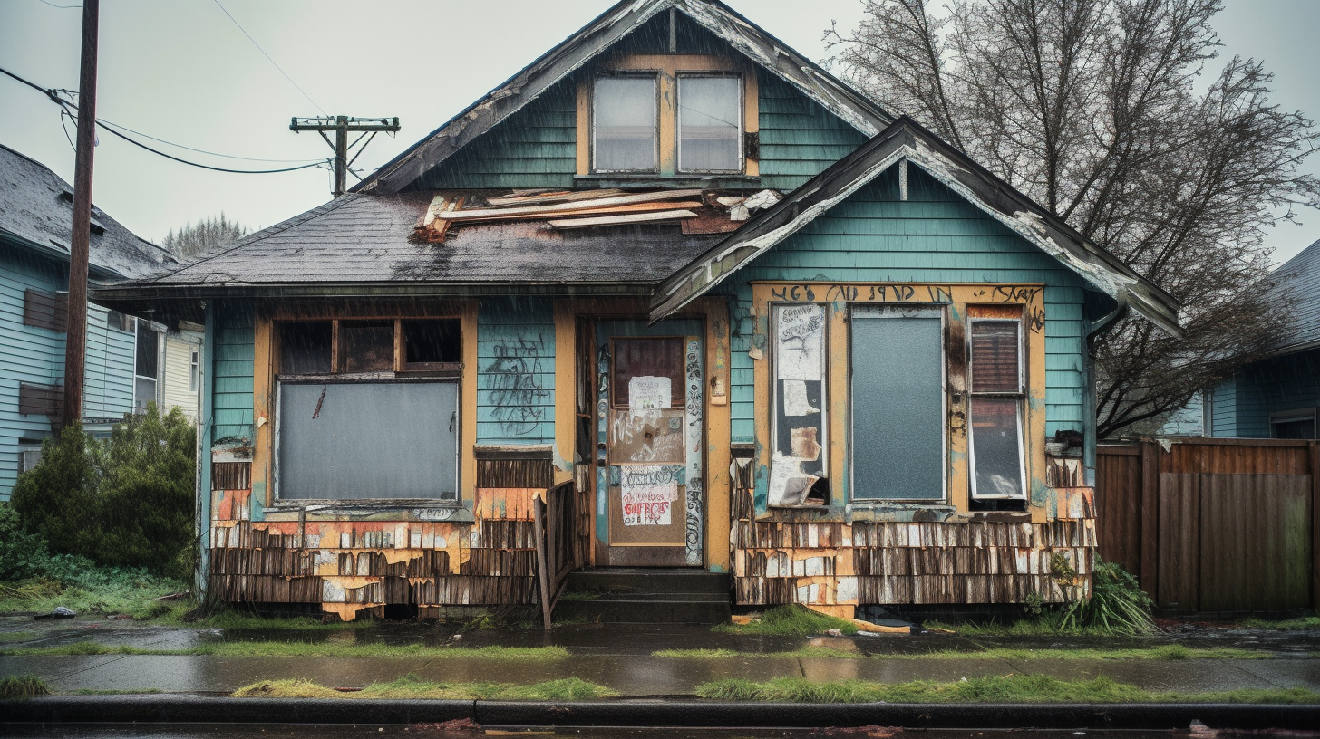 wide view of a dilapidated craftsman home, peeling paint, broken windows, holes in roof, on a Seattle neighborhood street on a rainy day